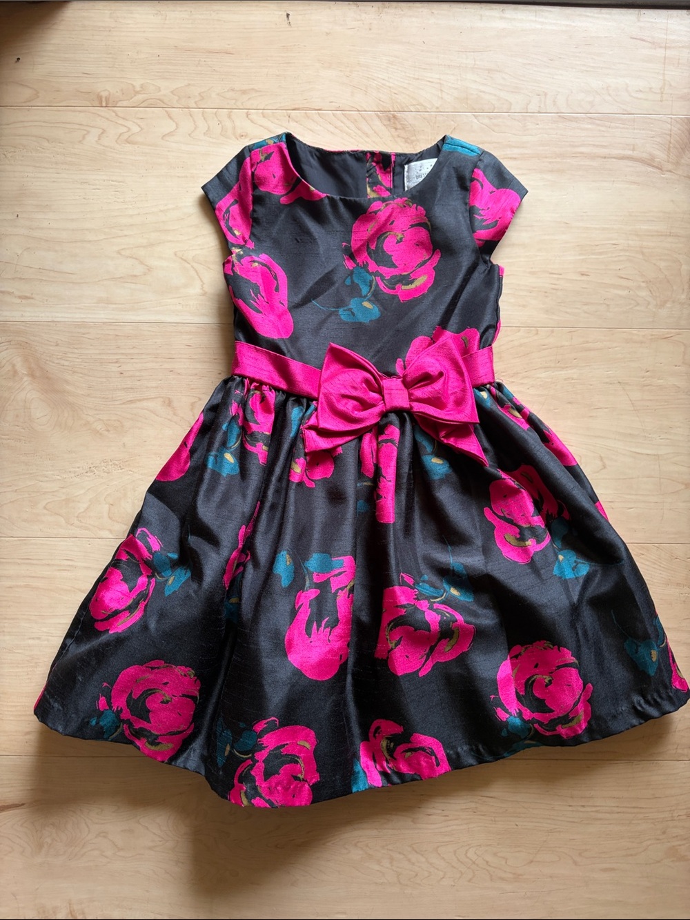 Gymboree Black Dress with Hot Pink Floral Print and Hot Pink Waist Bow